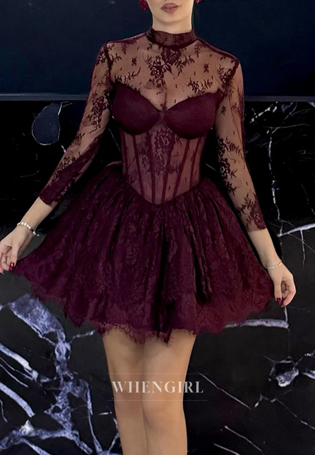 A-Line 3/4 Sleeves High Neck Embroidery Lace Homecoming Dress