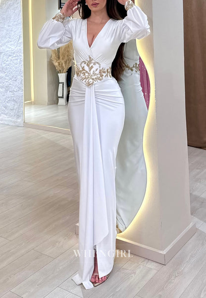 Ivory V Neck Beaded Pleated Sheath Formal Dress Floor Length Long Sleeves Evening Gown