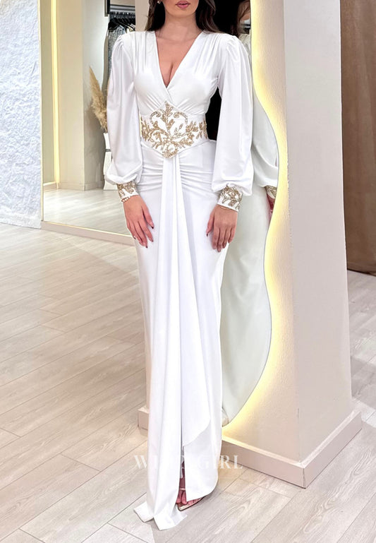 Ivory V Neck Beaded Pleated Sheath Formal Dress Floor Length Long Sleeves Evening Gown