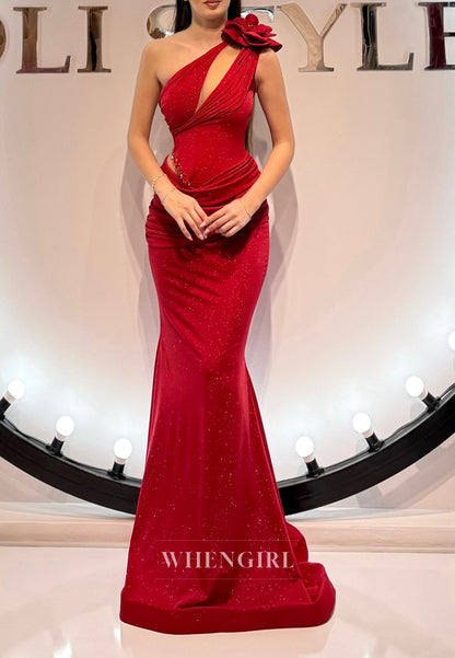 Burgundy One Shoulder 3D Flower Cut Out Pleated Mermaid Evening Formal Dress