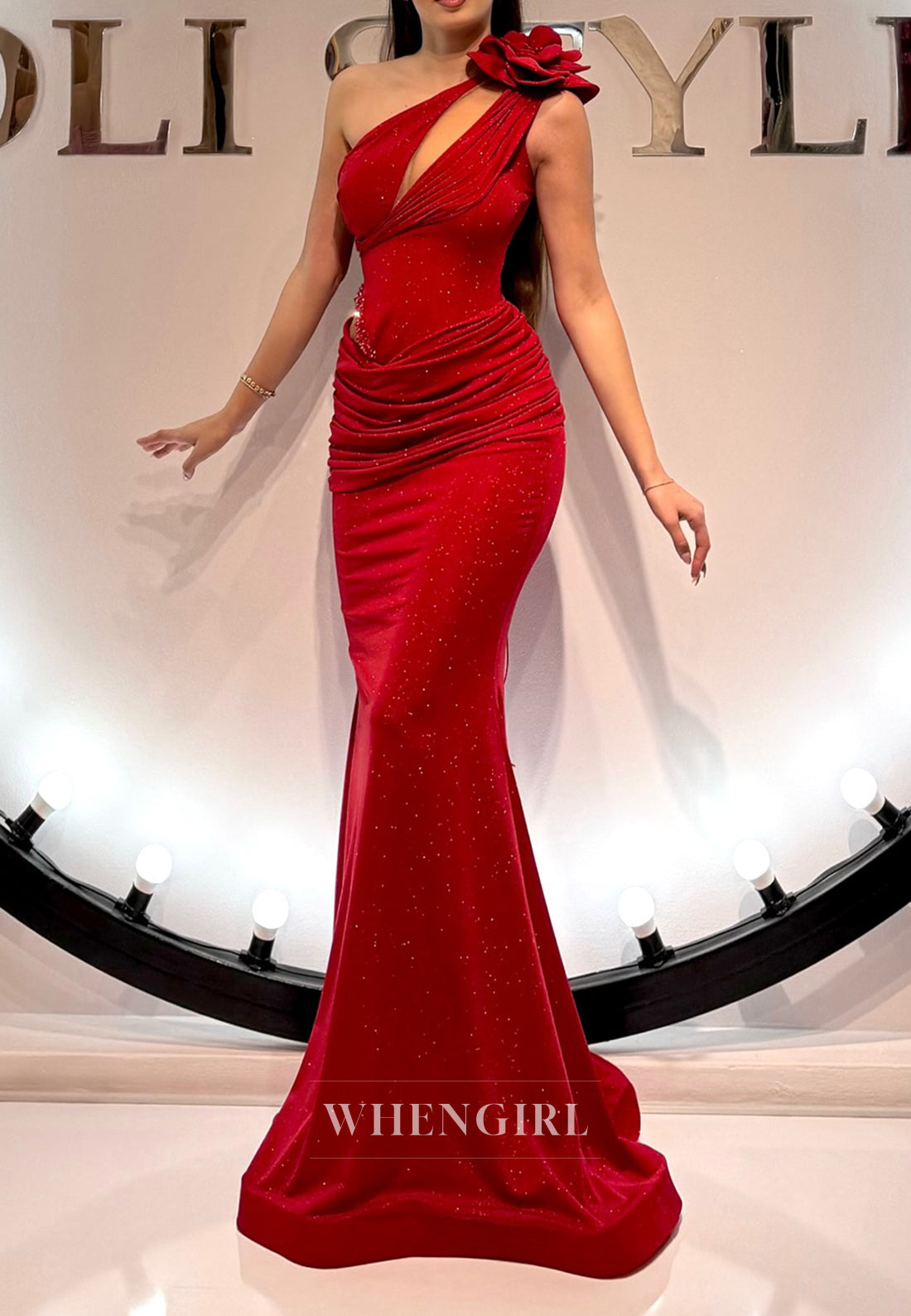Burgundy One Shoulder 3D Flower Cut Out Pleated Mermaid Evening Formal Dress