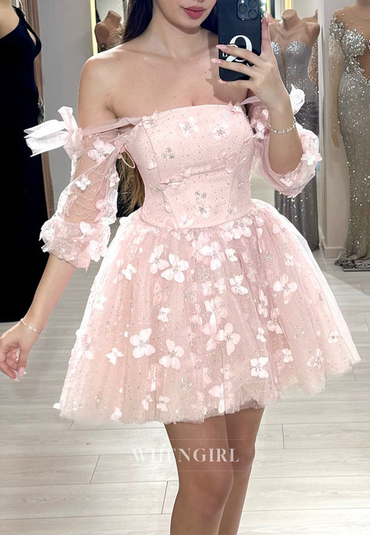 Blush Short Sleeves Off Shoulder Butterfly Tulle A-Line Homecoming Dress