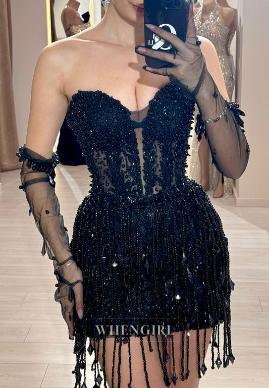 Black Sweetheart Beaded Tassel Sheath Sleeveless Homecoming Dress with Lace Gloves