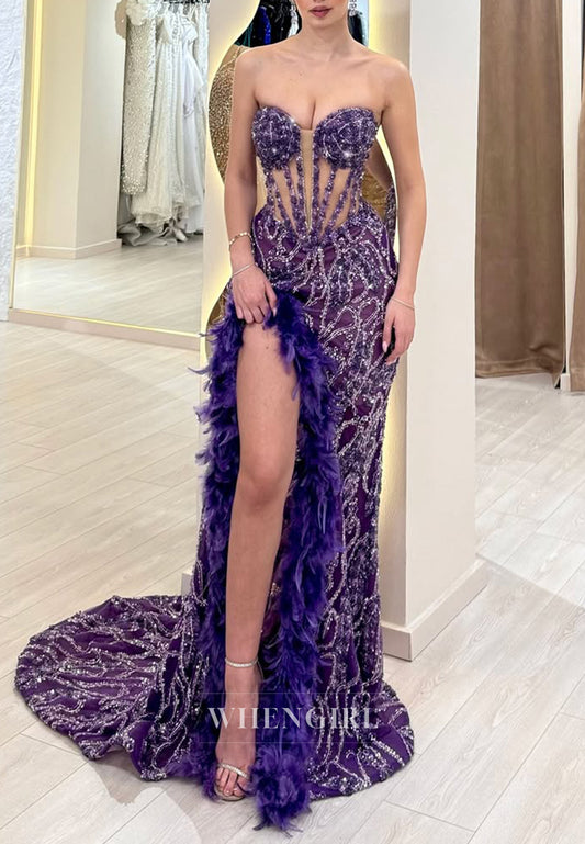 Regency Sweetheart Feather Side Slit Beaded Sheath Formal Evening Gown with Sweep Train