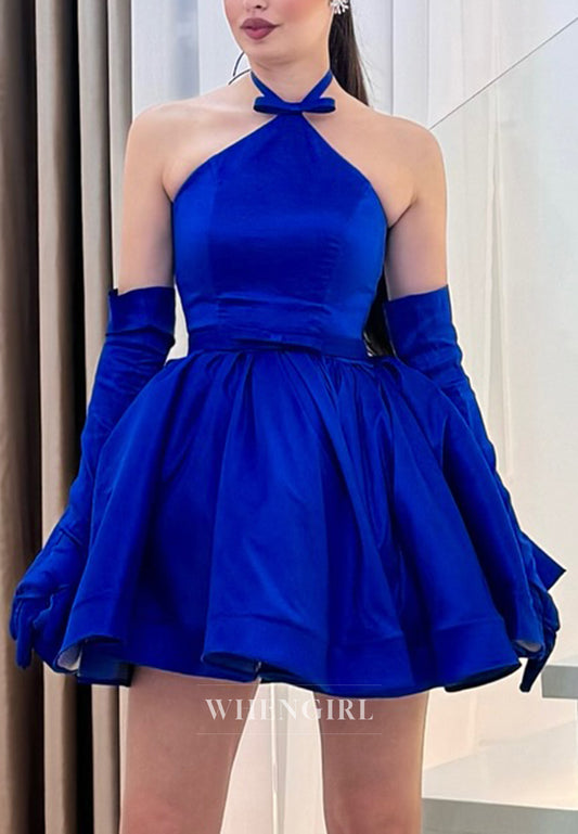 Royal Blue Halter Bowknot Lace Up A-Line Short Homecoming Dress with Gloves