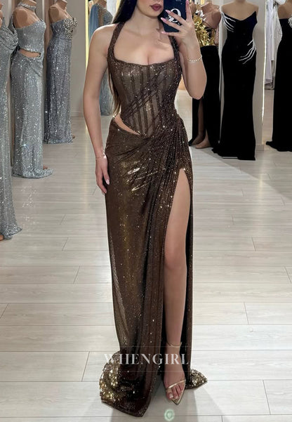 Chocolate Halter Cut Outs Formal Dress Pleated Sleeveless Sequins Sheath Evening Gown with Side Slit