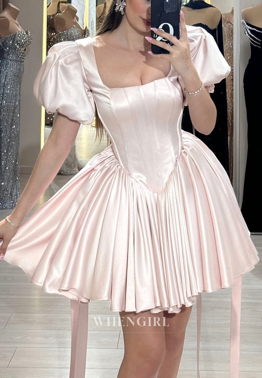 Blush Square Neck Short Puff Sleeves A-Line Homecoming Dress