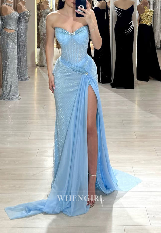 Sky Blue Pleated Sweetheart Strapless Sheath Sweep Train Formal Evening Gown with Side Slit
