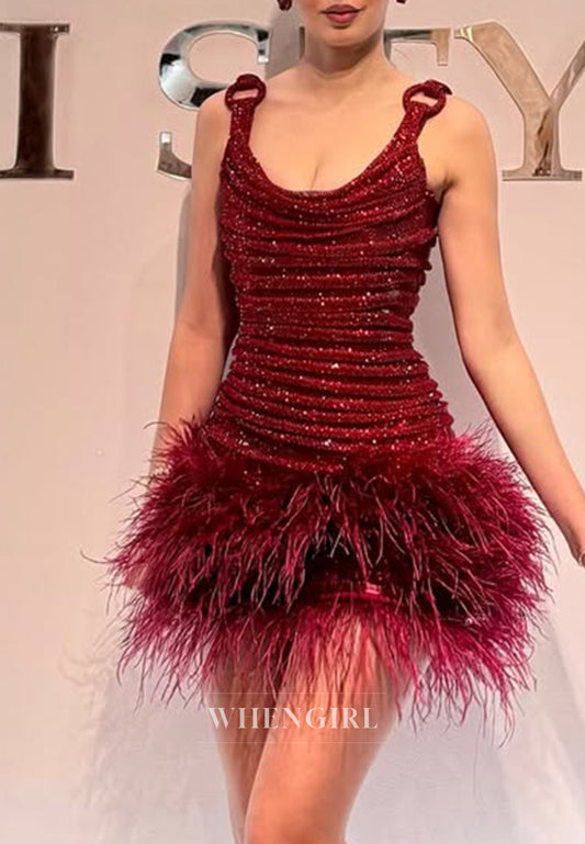 Scoop Pleated Feathers Sleeveless Beaded Sheath Burgundy Formal Party Dress Homecoming Dress