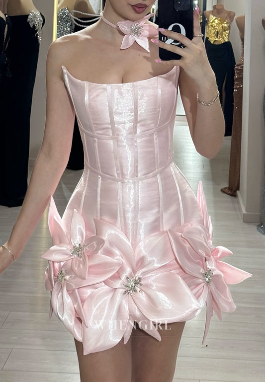 Light Pink Bateau Neck Floral Beaded Sheath Sleeveless Homecoming Dress