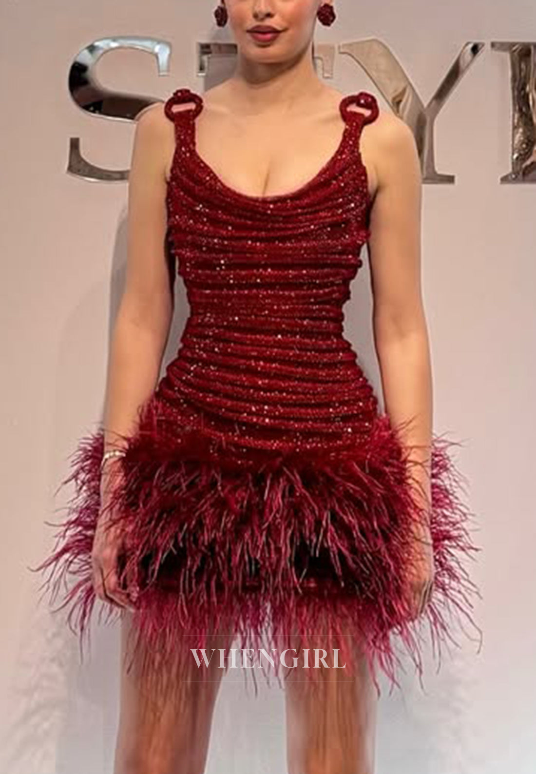 Scoop Pleated Feathers Sleeveless Beaded Sheath Burgundy Formal Party Dress Homecoming Dress