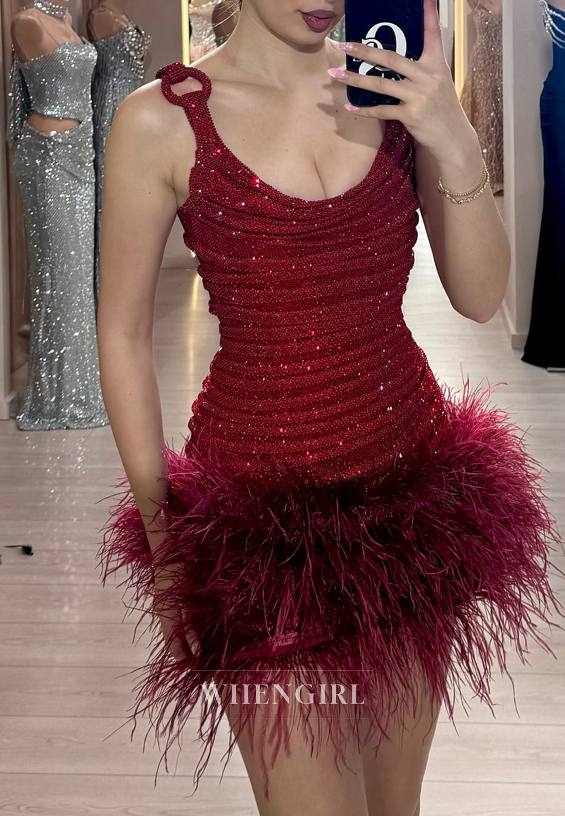 Scoop Pleated Feathers Sleeveless Beaded Sheath Burgundy Formal Party Dress Homecoming Dress