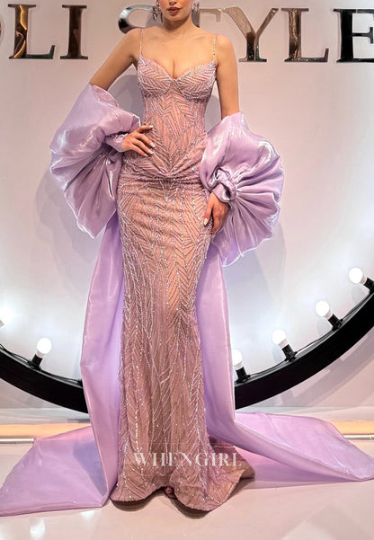Lilac Spaghetti Straps Beaded Pleating Sweep Train Bowknot Sheath Formal Evening Gown