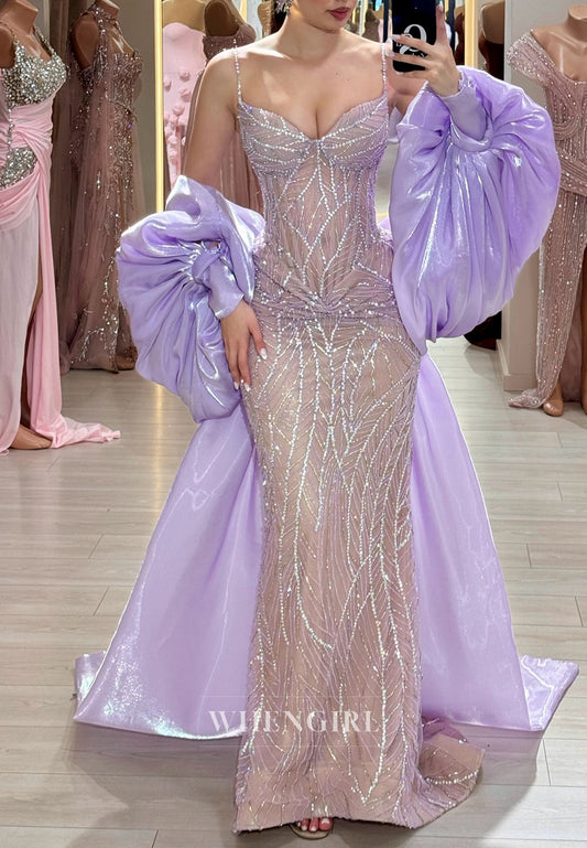Lilac Spaghetti Straps Beaded Pleating Sweep Train Bowknot Sheath Formal Evening Gown
