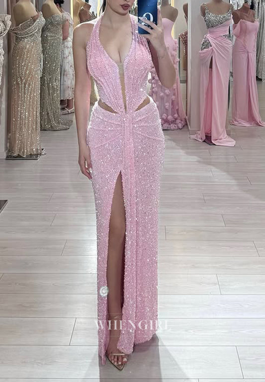 Sparkly Pale Blush Sheath Halter Sleeveless Side Slit Floor Length Formal Evening Dress