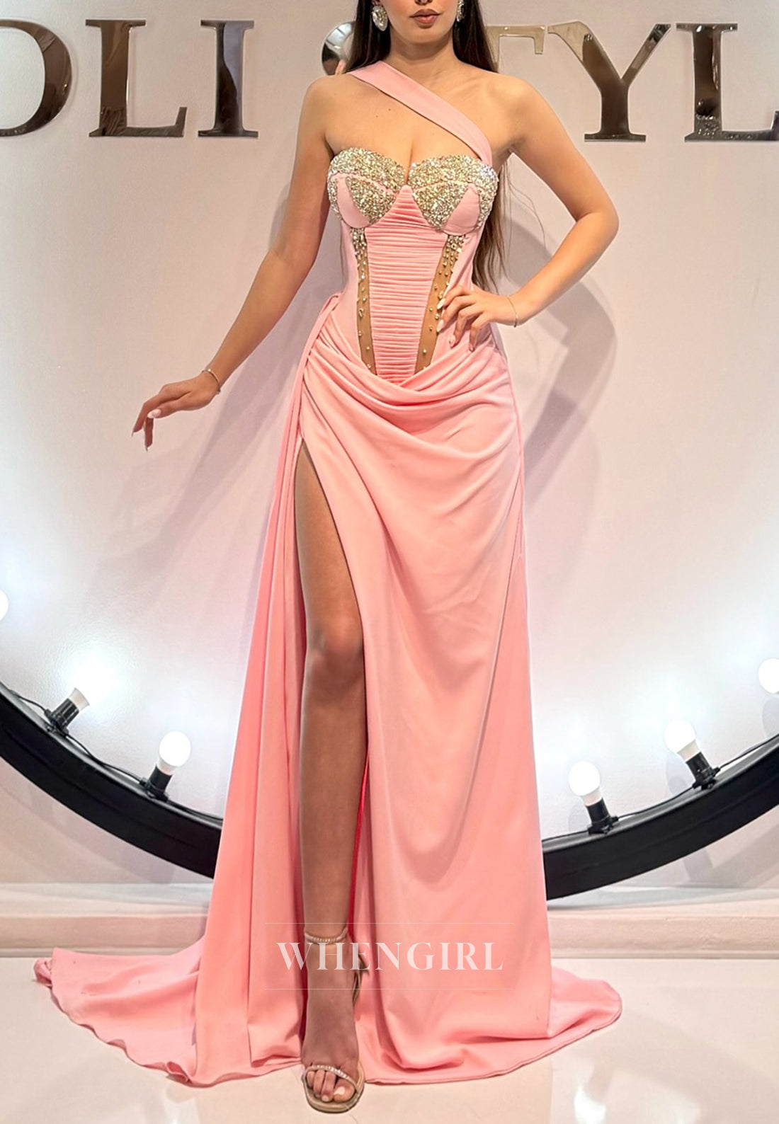 Sheath Side Slit Beaded Sweetheart Pleated Sleeveless Formal Evening Dress with Sweep Train