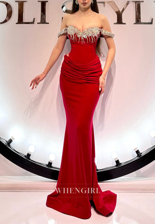 Red Sweetheart Off Shoulder Formal Gowns Pleated Sleeveless Beaded Mermaid Evening Dress