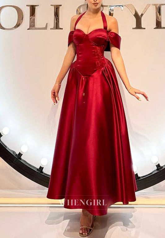 Burgundy Halter Ankle Length Satin A-Line Formal Evening Gown