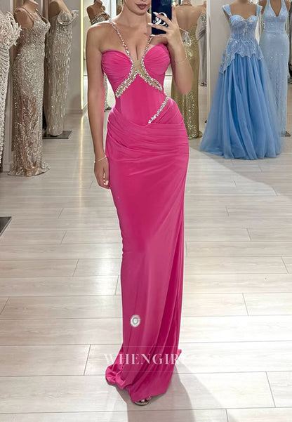 Fuchsia Pleated Beading Straps Sleeveless Sheath Sweetheart Long Formal Evening Dress