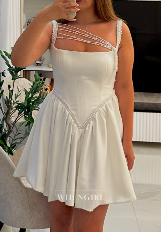 White Square Neck Beaded Sleeveless A-Line Short Homecoming Dress
