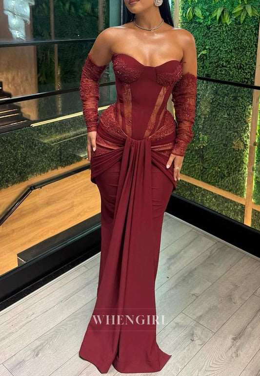 Burgundy Sweetheart Detachable Long Sleeves Pleated Lace Up Sheath Evening Formal Dress