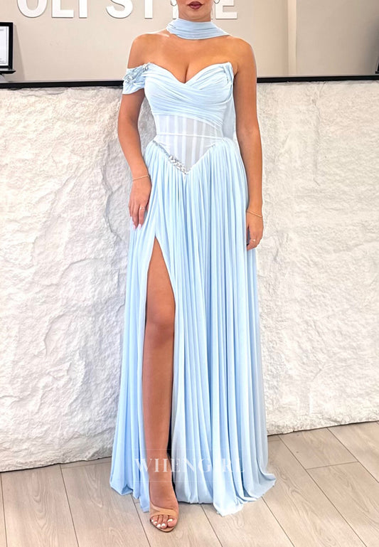 Sky Blue V Neck Sleeveless Side Slit A-Line Formal Evening Dress with Scarf