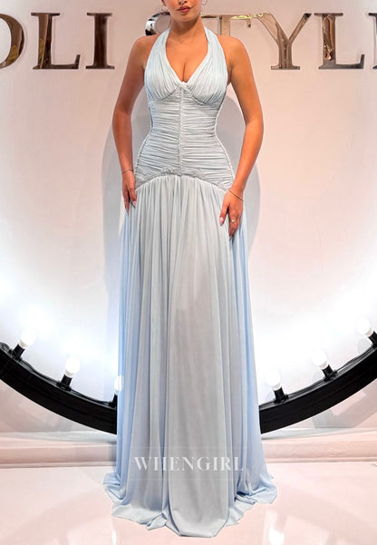 Sky Blue Halter Sleeveless Pleated Chiffon Column Evening Formal Dress