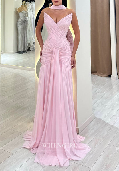 Pink Sheath V Neck Sleeveless Pleated Chiffon Prom Dress