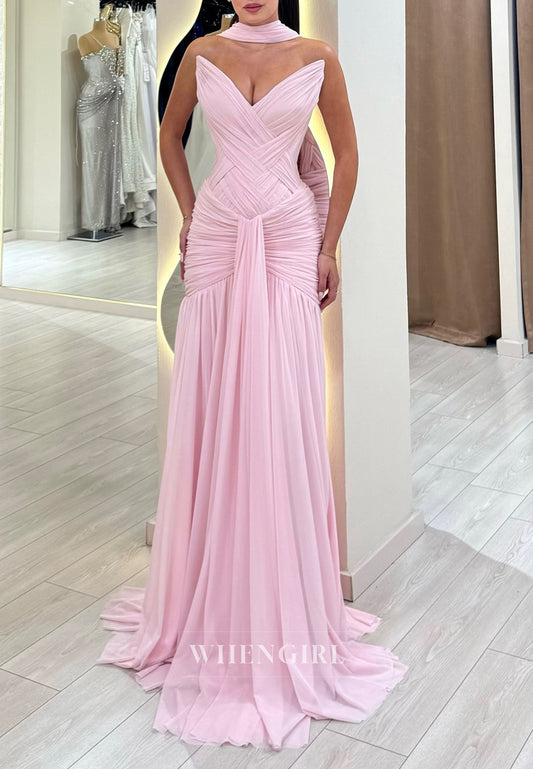 Pink Sheath V Neck Sleeveless Pleated Chiffon Prom Dress
