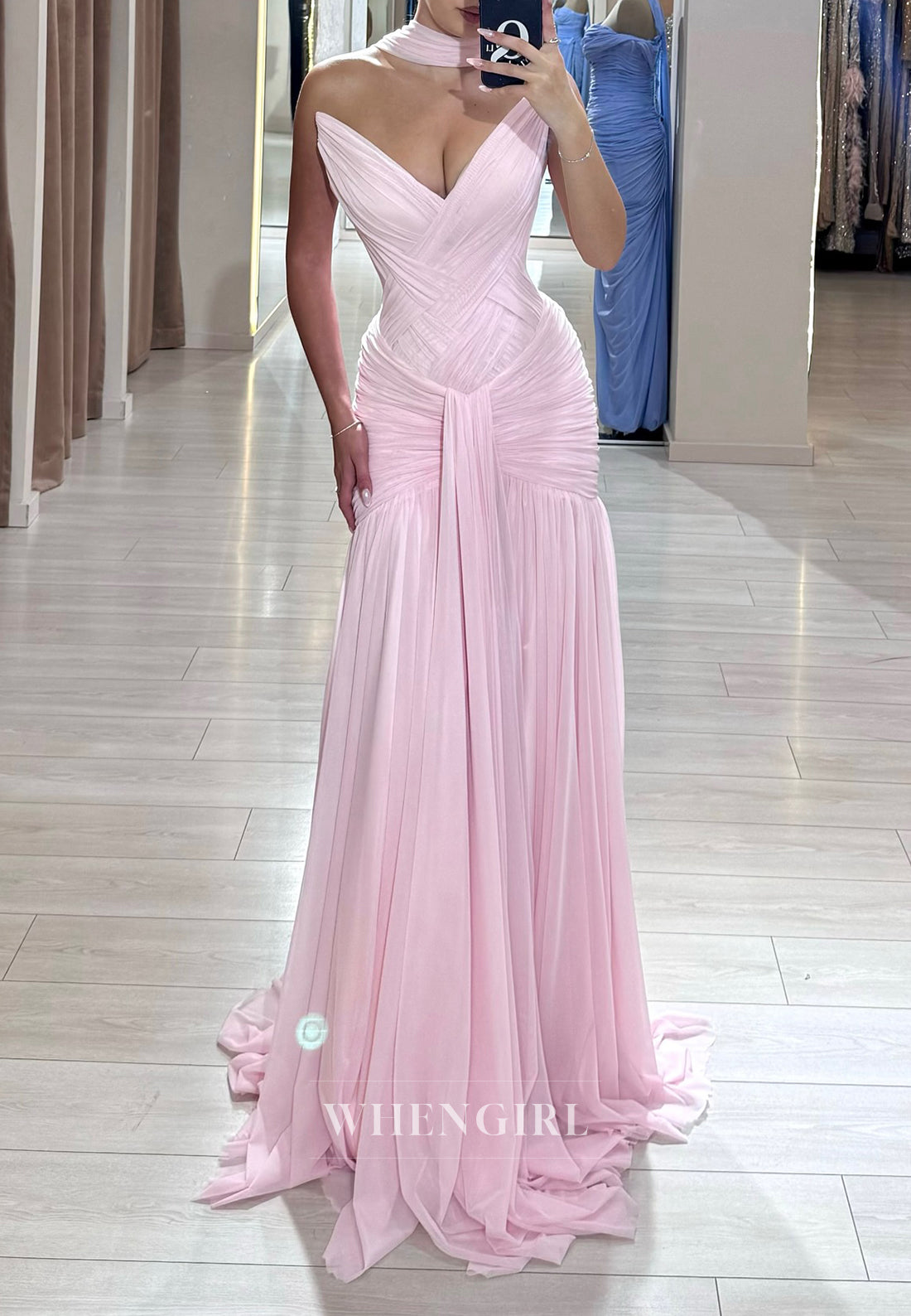 Pink Sheath V Neck Sleeveless Pleated Chiffon Prom Dress