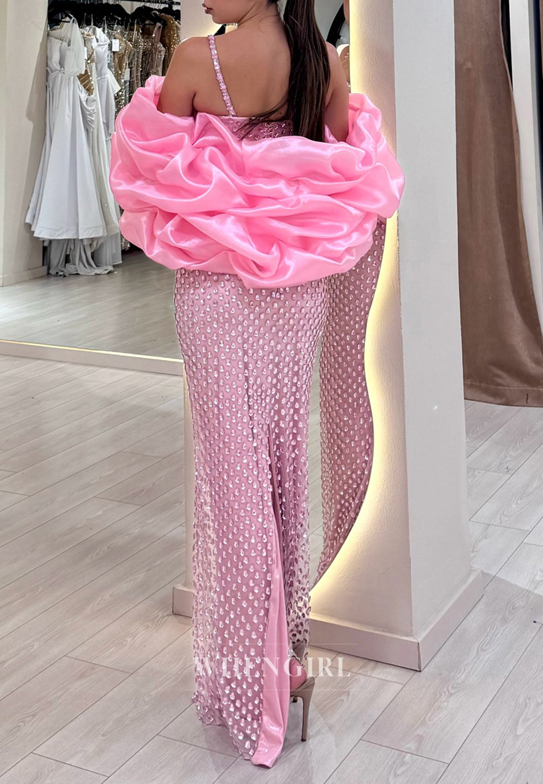 Pink Square Neck Spaghetti Straps Bowknot Full Rhinestones Sheath Prom Dress with Cape