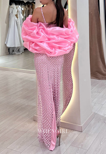Pink Square Neck Spaghetti Straps Bowknot Full Rhinestones Sheath Prom Dress with Cape