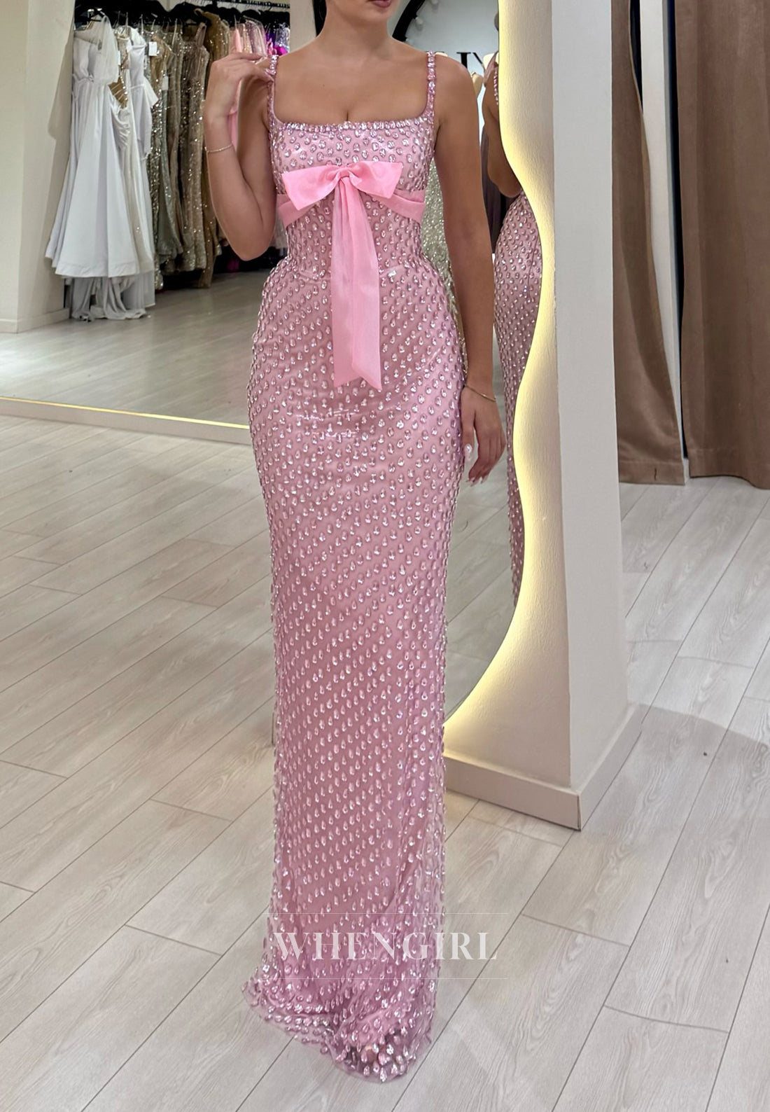 Pink Square Neck Spaghetti Straps Bowknot Full Rhinestones Sheath Prom Dress with Cape