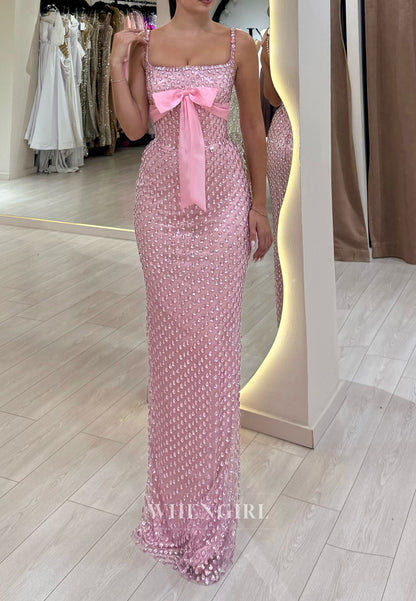 Pink Square Neck Spaghetti Straps Bowknot Full Rhinestones Sheath Prom Dress with Cape