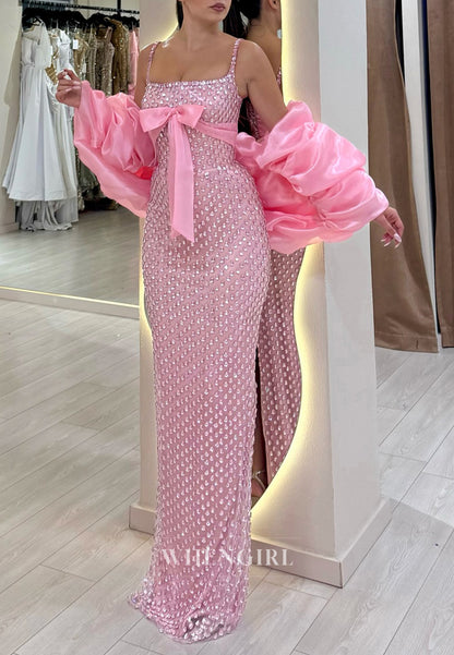 Pink Square Neck Spaghetti Straps Bowknot Full Rhinestones Sheath Prom Dress with Cape