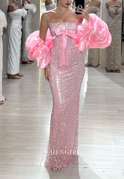 Pink Square Neck Spaghetti Straps Bowknot Full Rhinestones Sheath Prom Dress with Cape