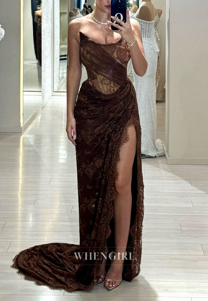 Sheath Lace Side Slit Sleeveless Pleated Sweep Train Evening Formal Gown