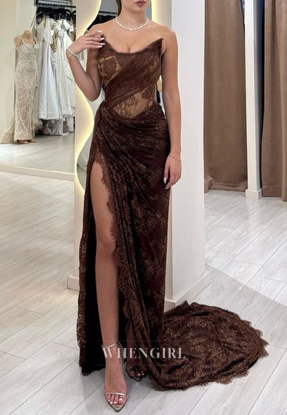 Sheath Lace Side Slit Sleeveless Pleated Sweep Train Evening Formal Gown