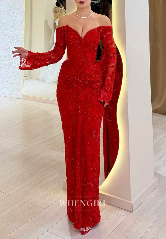 Red Sheath Lace Off Shoulder Long Sleeves Ruched Floor Length Evening Formal Dress