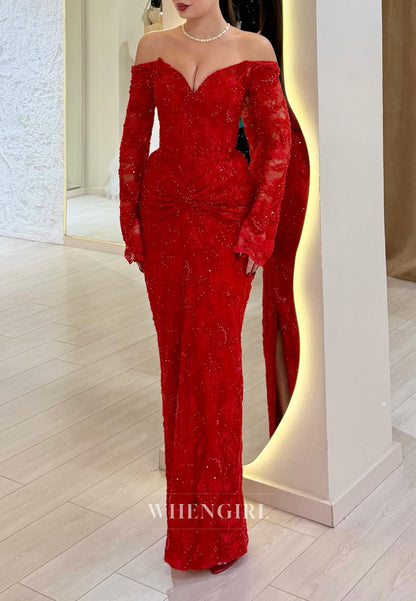 Red Sheath Lace Off Shoulder Long Sleeves Ruched Floor Length Evening Formal Dress