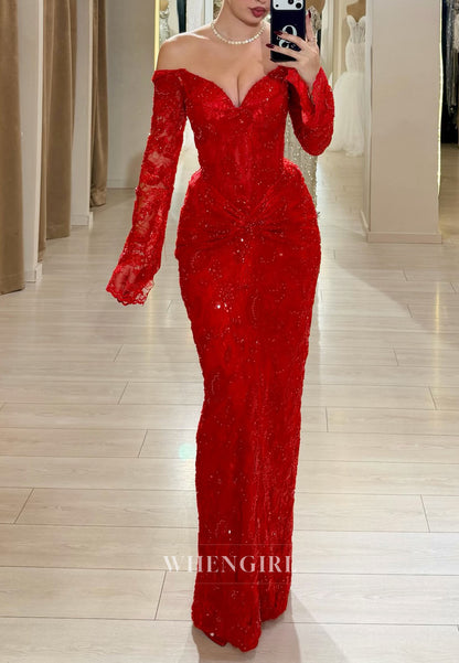 Red Sheath Lace Off Shoulder Long Sleeves Ruched Floor Length Evening Formal Dress