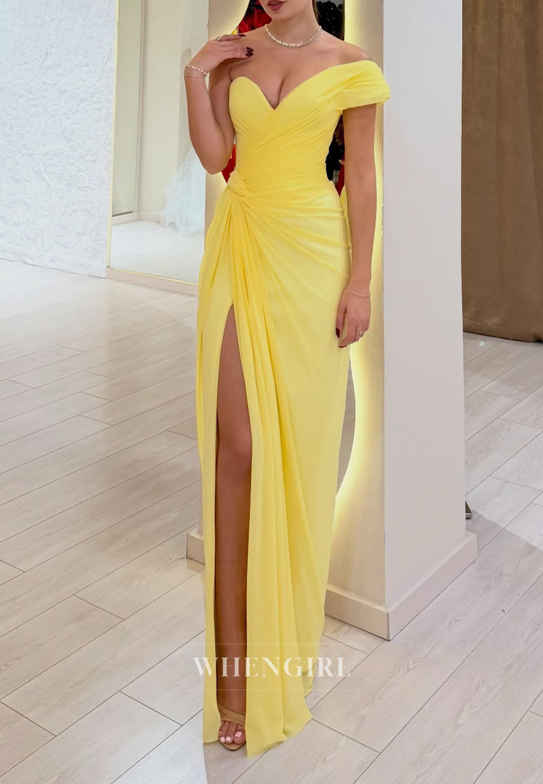 Daffodil Sheath Floor Length One Shoulder Ruched Side Slit Prom Dress
