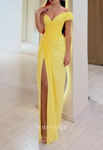 Daffodil Sheath Floor Length One Shoulder Ruched Side Slit Prom Dress