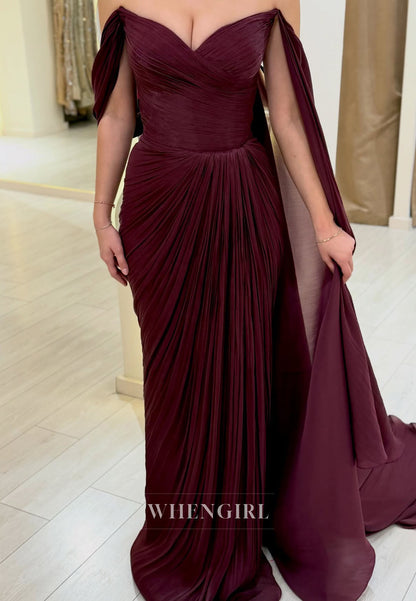 Burgundy Off Shoulder Ruched Sheath Formal Evening Gown