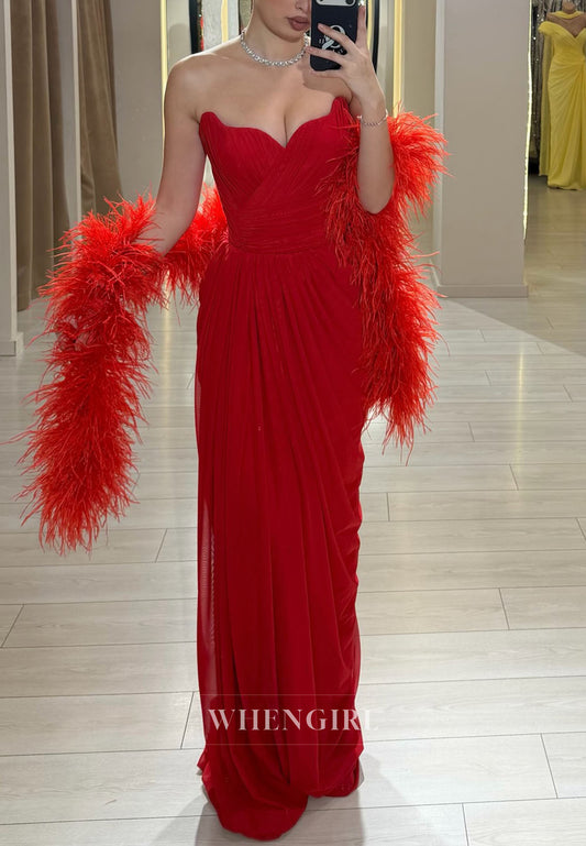 Red Chiffon Strapless Ruched Sheath Evening Gowm with Feather