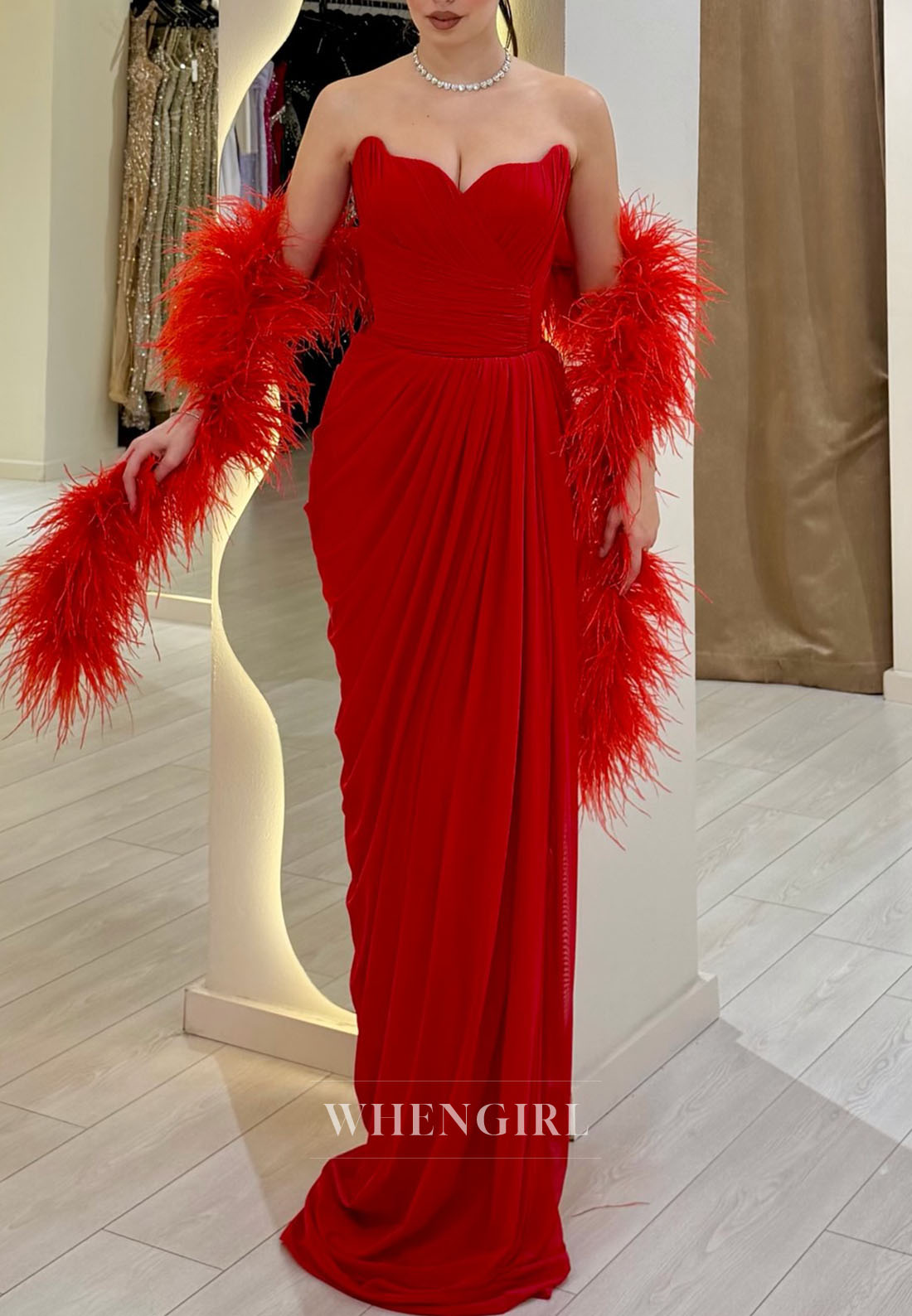 Red Chiffon Strapless Ruched Sheath Evening Gowm with Feather
