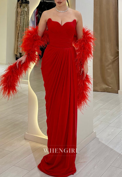 Red Chiffon Strapless Ruched Sheath Evening Gowm with Feather