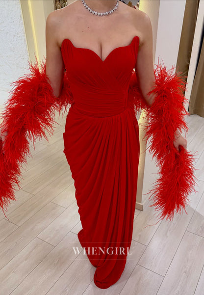 Red Chiffon Strapless Ruched Sheath Evening Gowm with Feather