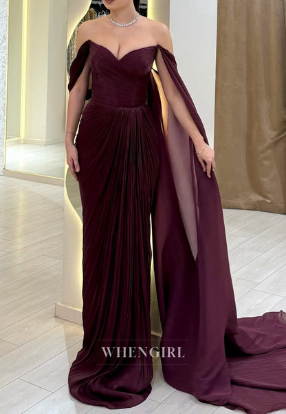 Burgundy Off Shoulder Ruched Sheath Formal Evening Gown
