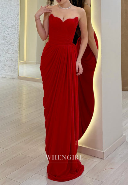 Red Chiffon Strapless Ruched Sheath Evening Gowm with Feather